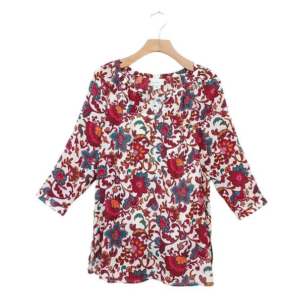 Liz Claiborne Blouse Womens Small White Burgundy 3/4 Sleeve V-Neck Floral Boho - Picture 1 of 9